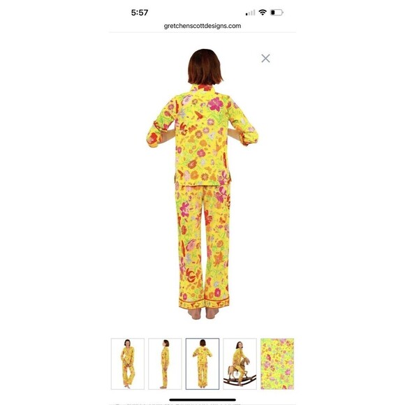 NEW $129 Gretchen Scott Medium 2 Pc Pajamas Lime Green Birds And Bees Top/Pant - Picture 2 of 11